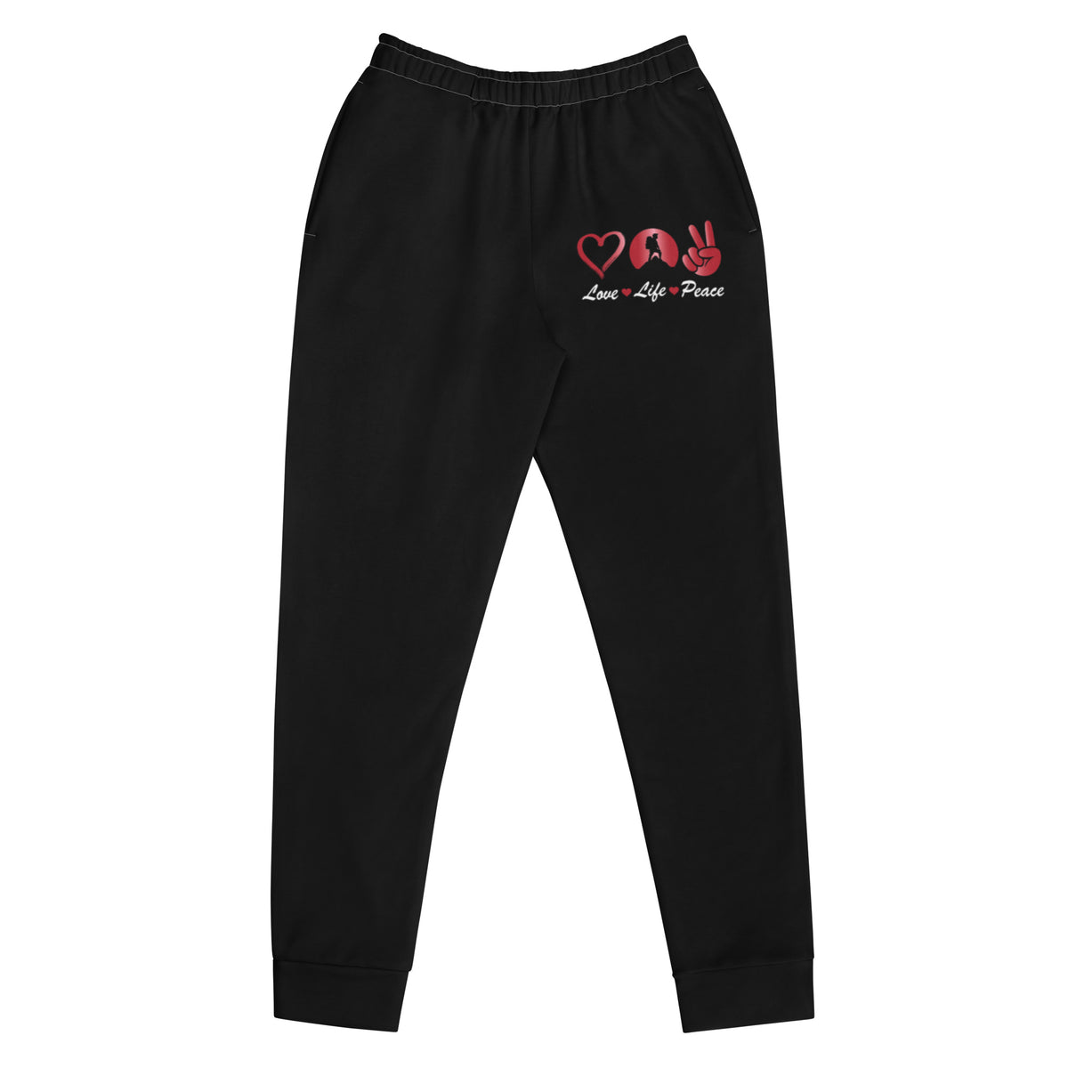 Peace Above Mountains design on a white women's recycled joggers, front view