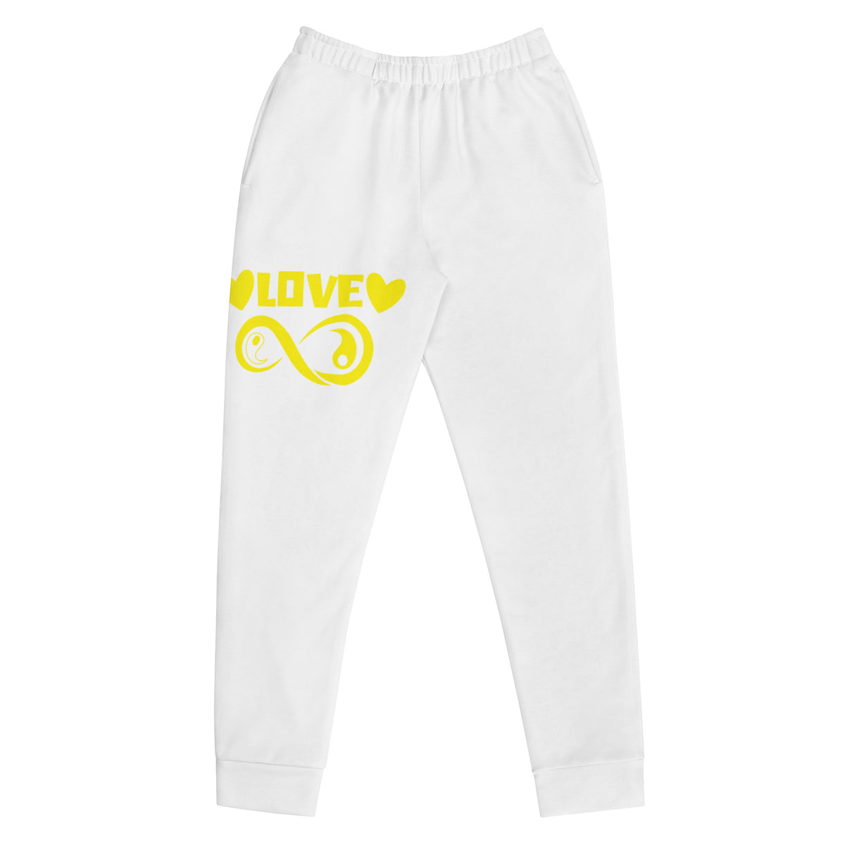 Infinite Love design on a white women's recycled joggers, front view