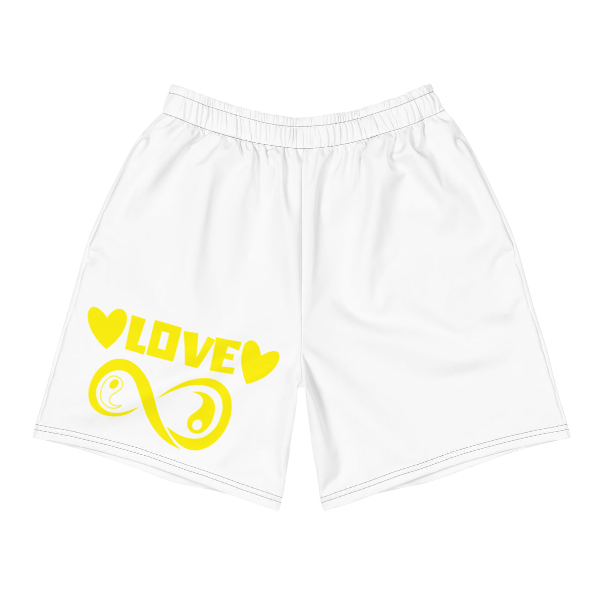 Infinite Love design on a white unisex athletic long shorts, front view