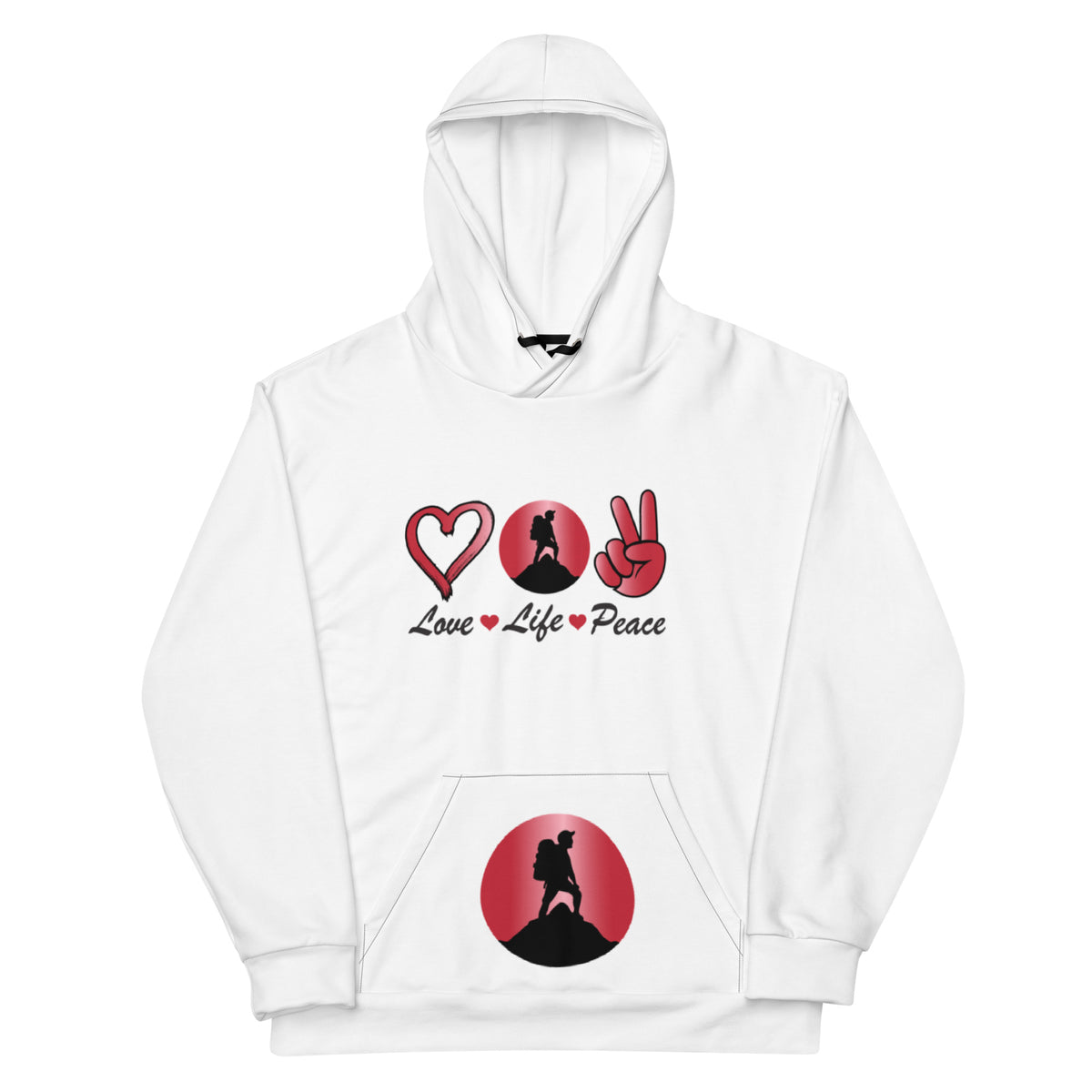 Peace Above Mountains design on a white unisex hoodie, front view