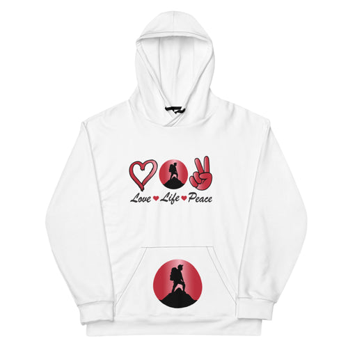 Peace Above Mountains hoodie, red and black print on white, front view
