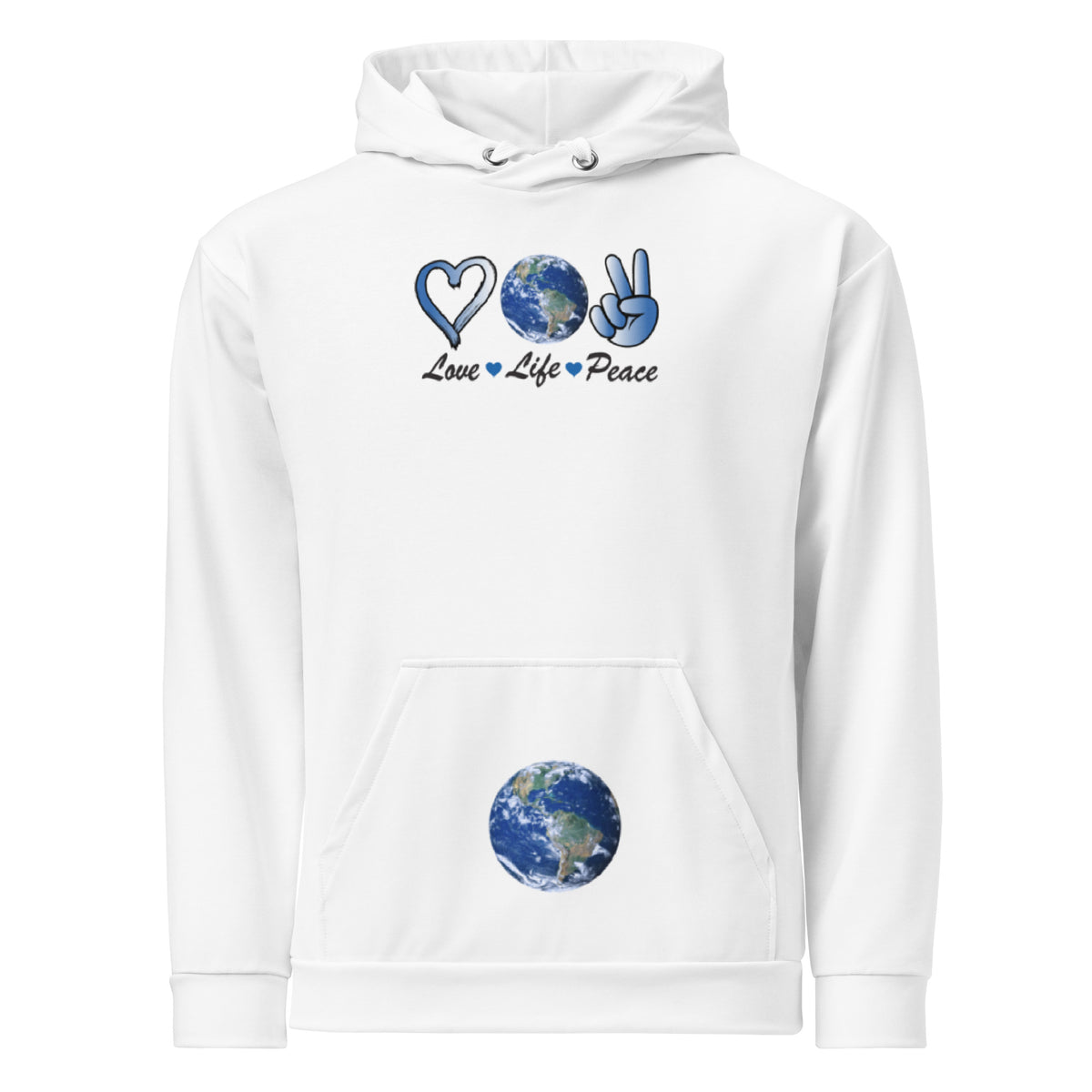 Harmony On Earth design on a white unisex hoodie, front view