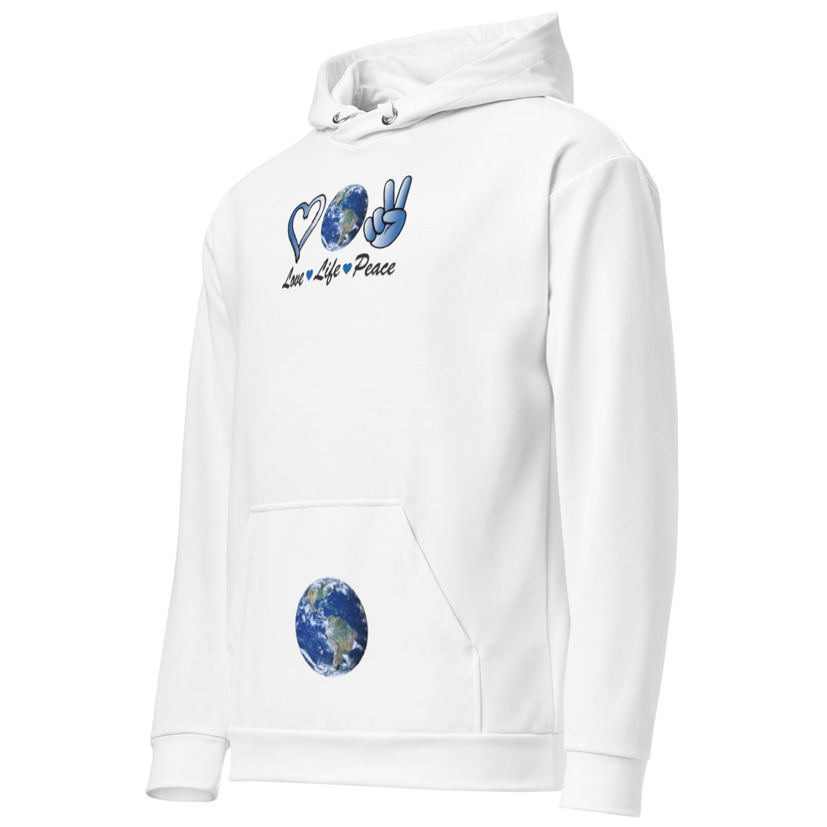 Harmony On Earth design on a white unisex hoodie, front view