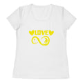 Infinite Love design on a white women's athletic t-shirt, front view