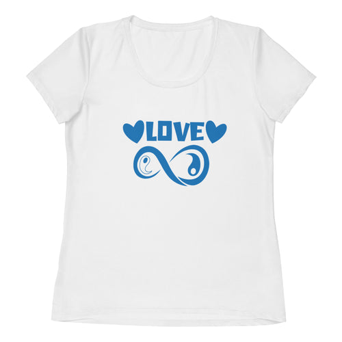 Infinite Love women's athletic tee, blue print on white, front view
