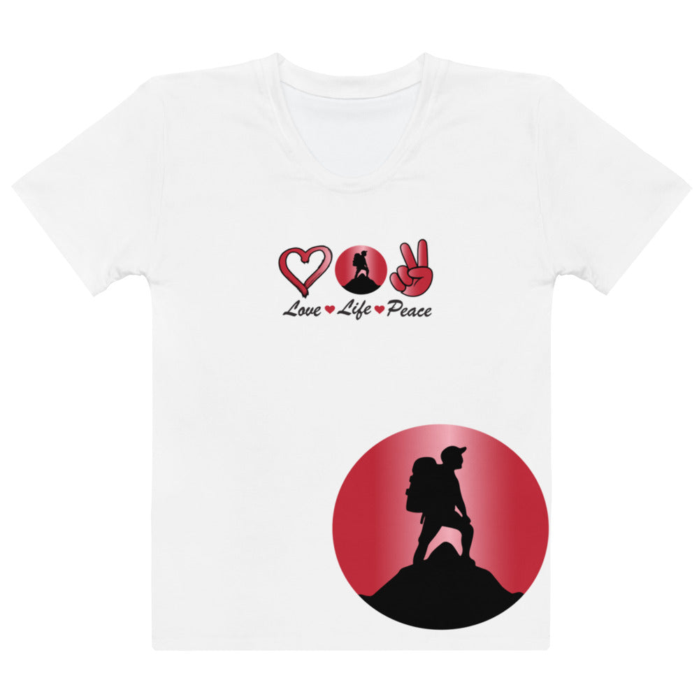 Peace Above Mountains design on a white women's cotton crew neck t-shirt, front view