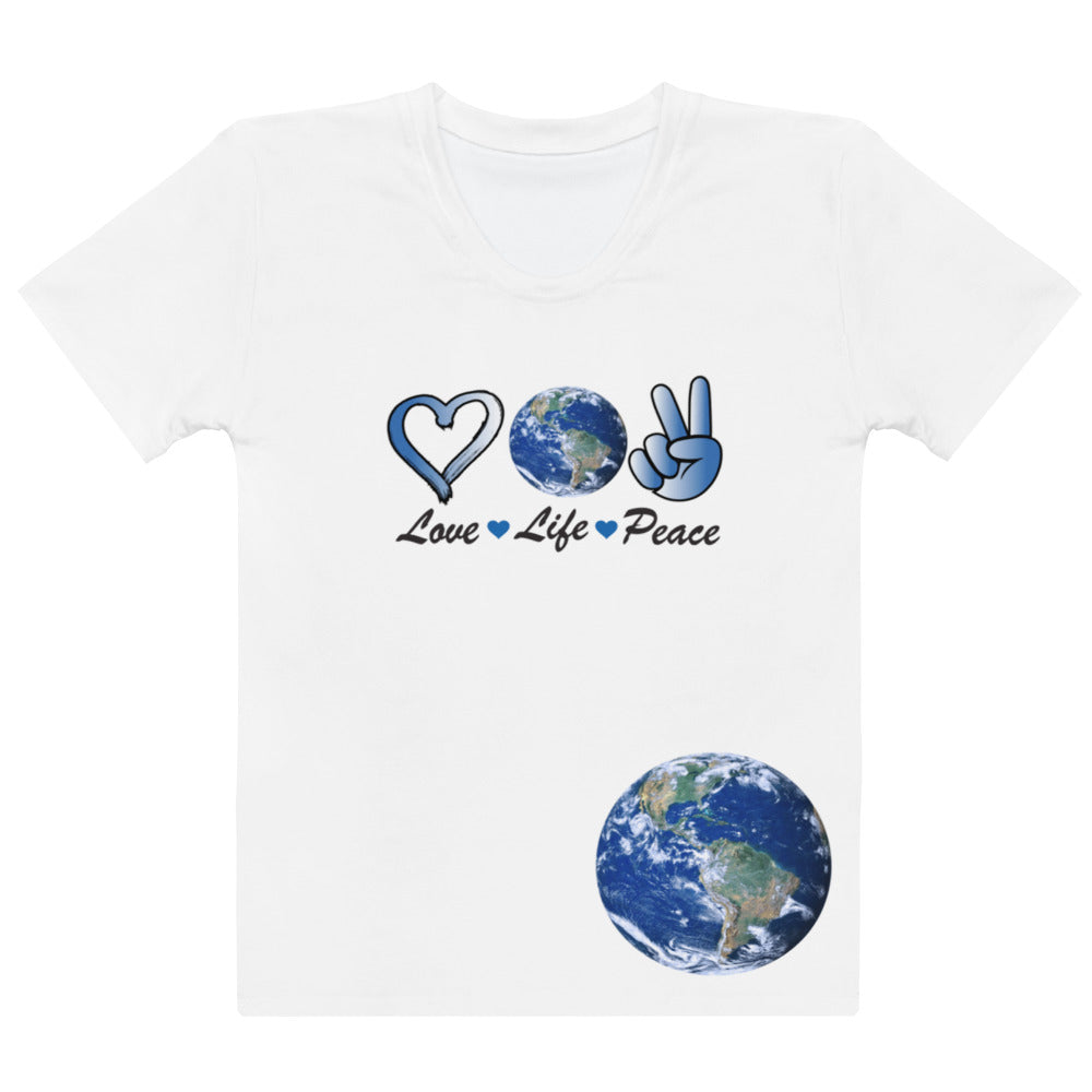 Harmony On Earth design on a white women's cotton crew neck t-shirt, front view