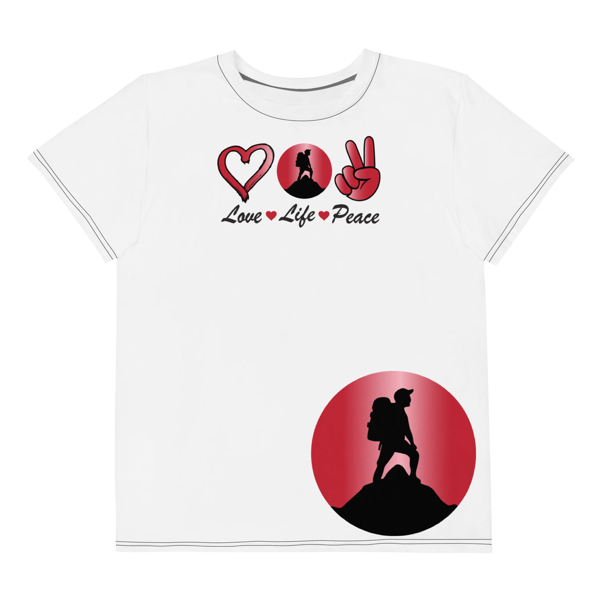Peace Above Mountains design on a white youth crew neck t-shirt, front view