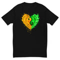 Yin Yang Heart design on a black men's fitted t-shirt, front view