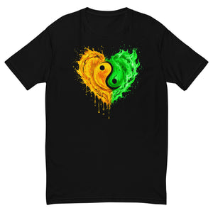 Yin Yang Heart design on a black men's fitted t-shirt, front view