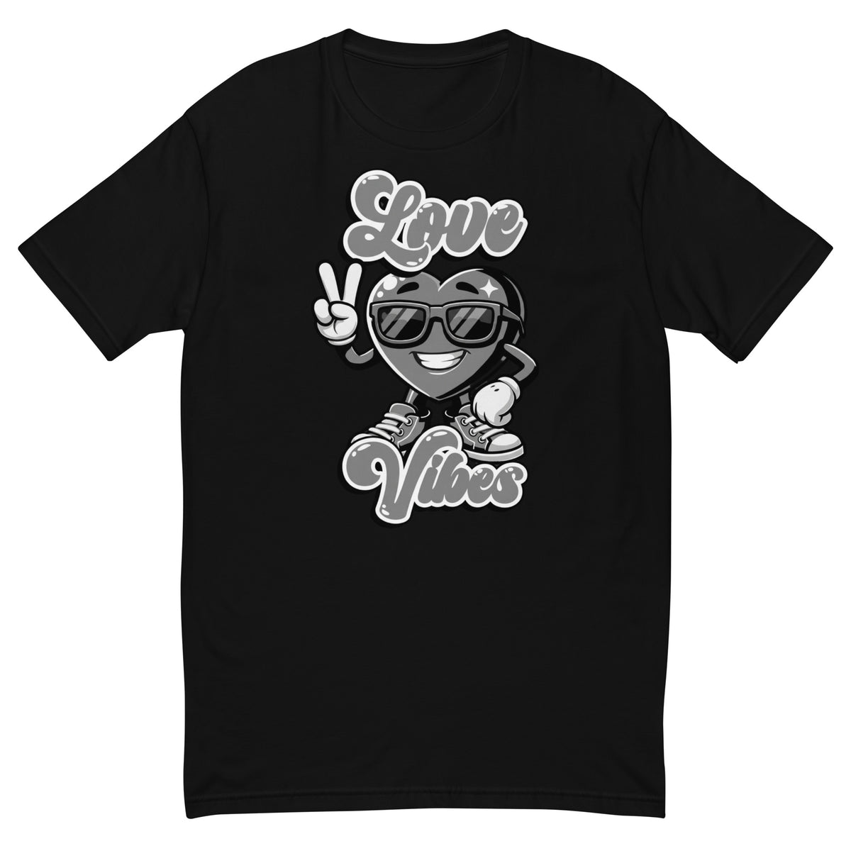 Love Vibes design on a black men's fitted t-shirt, front view