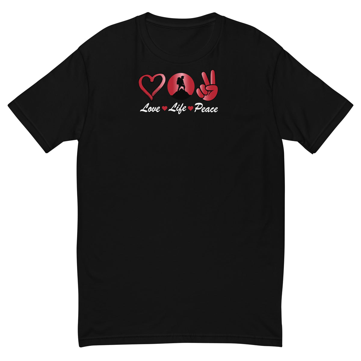 Love Peace design on a black men's fitted t-shirt, front view