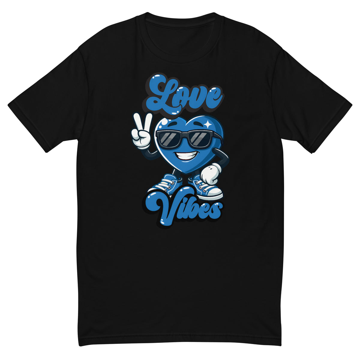 Love Vibes Crew design on a black men's fitted t-shirt, front view