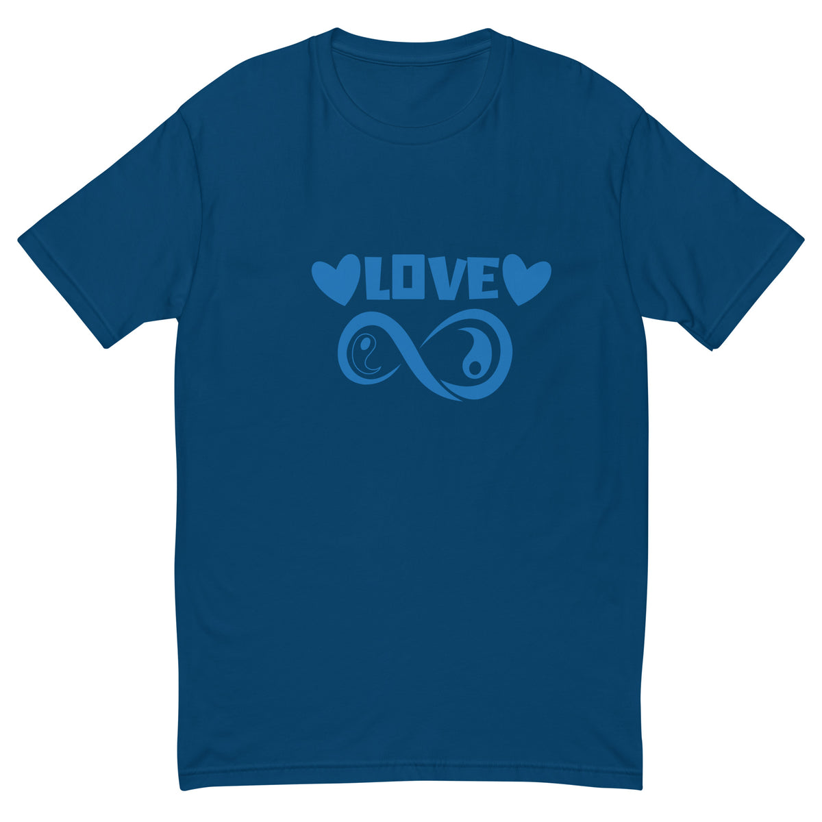 Infinite Love design on a cool blue men's fitted t-shirt, front view