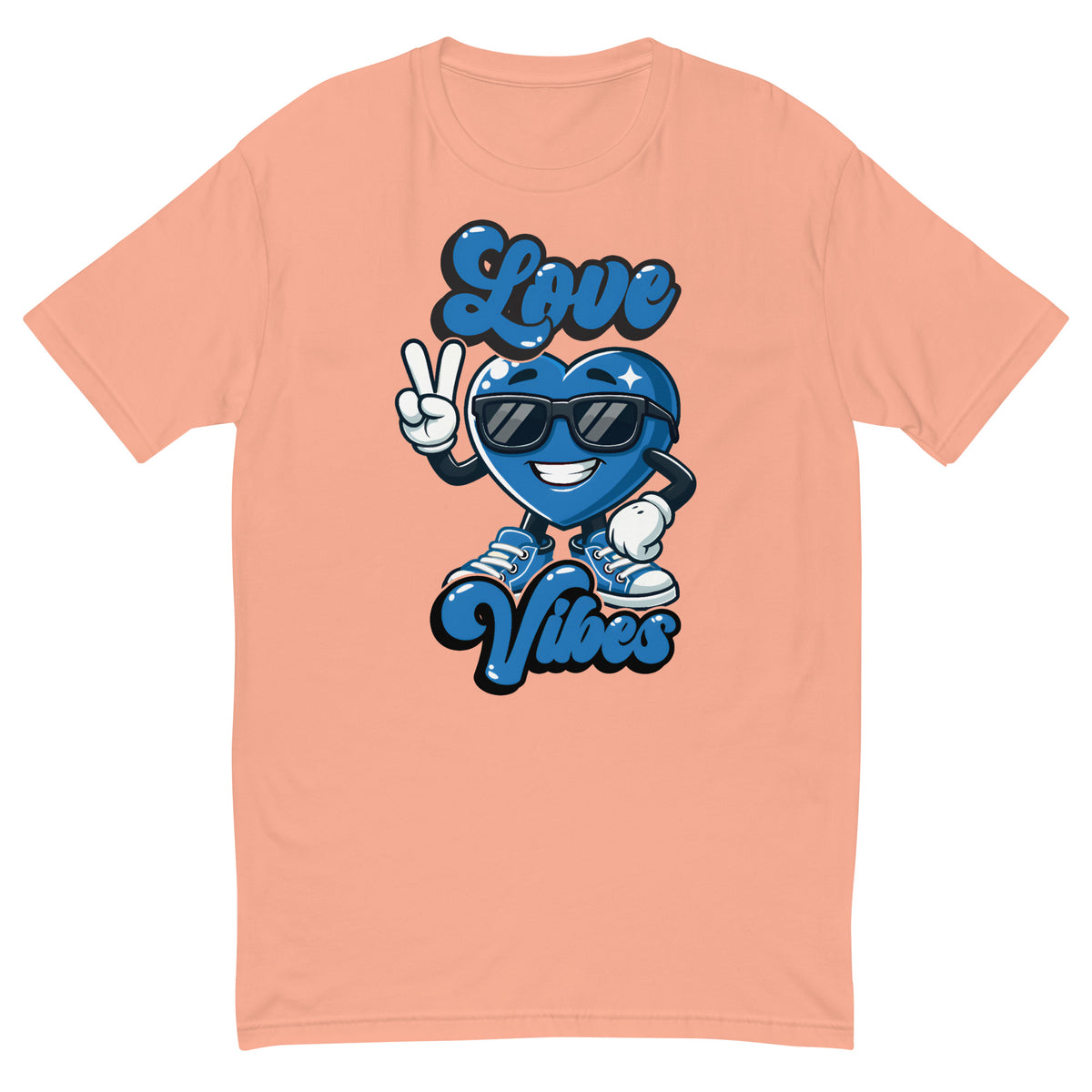 Love Vibes Crew design on a desert pink men's fitted t-shirt, front view