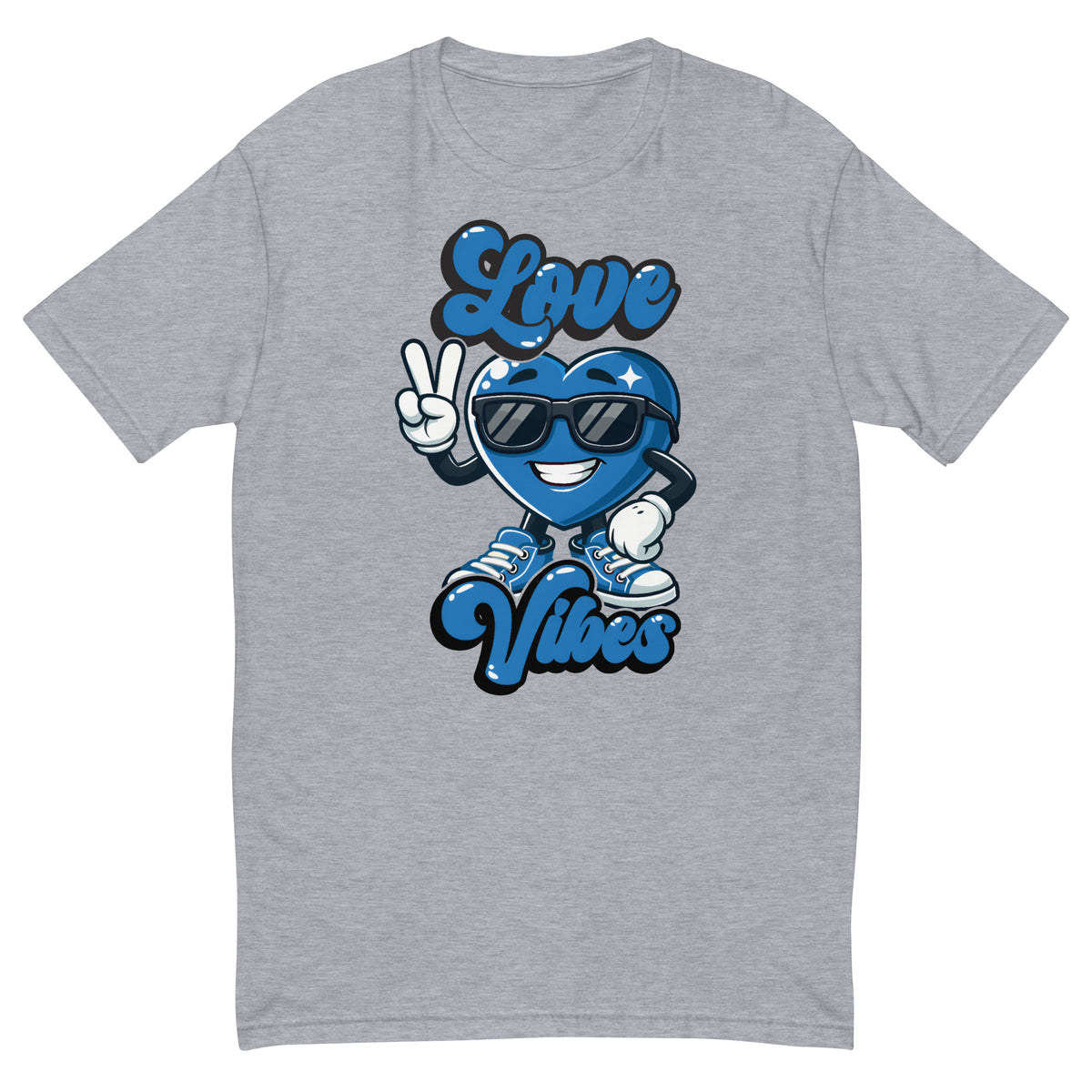 Love Vibes Crew design on a heather grey men's fitted t-shirt, front view