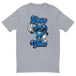 Love Vibes Crew design on a heather grey men's fitted t-shirt, front view