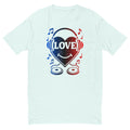 Heart DJ design on a light blue men's fitted t-shirt, front view