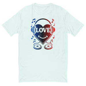 Heart DJ design on a light blue men's fitted t-shirt, front view