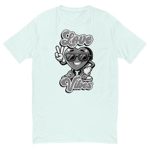 Love Vibes design on a light blue men's fitted t-shirt, front view