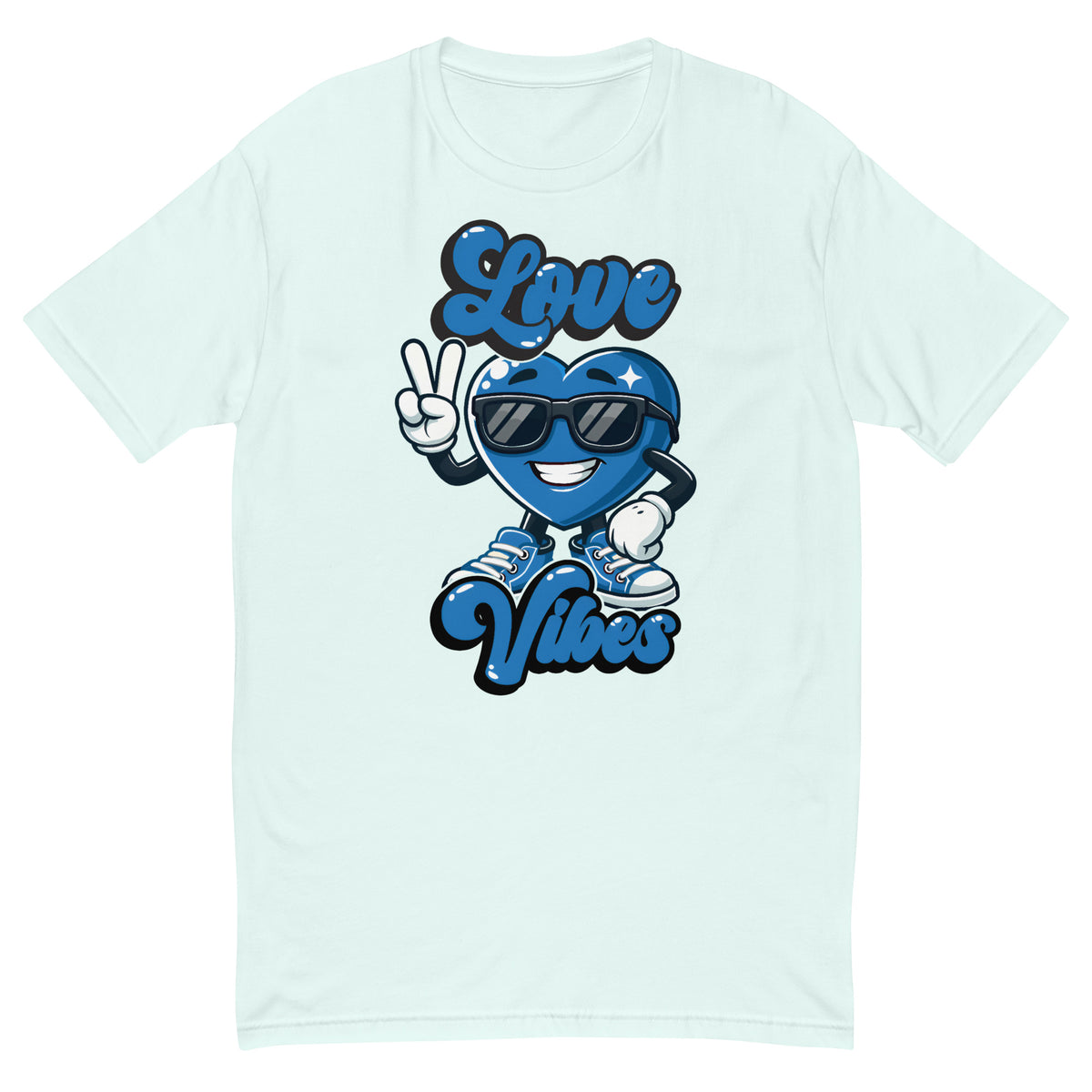 Love Vibes Crew design on a light blue men's fitted t-shirt, front view