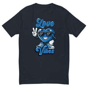 Love Vibes Crew design on a midnight navy men's fitted t-shirt, front view