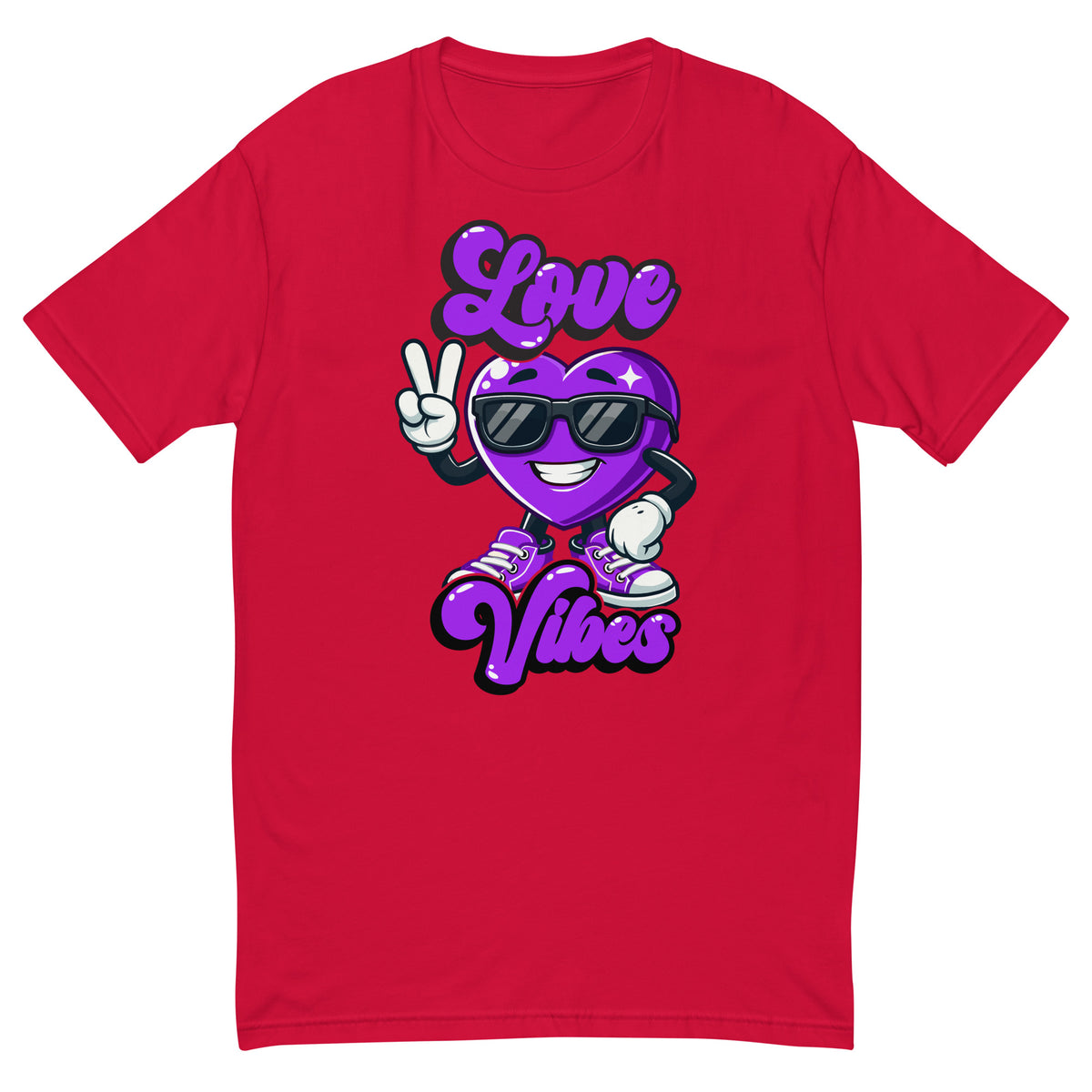 Love Vibes Cool design on a red men's fitted t-shirt, front view