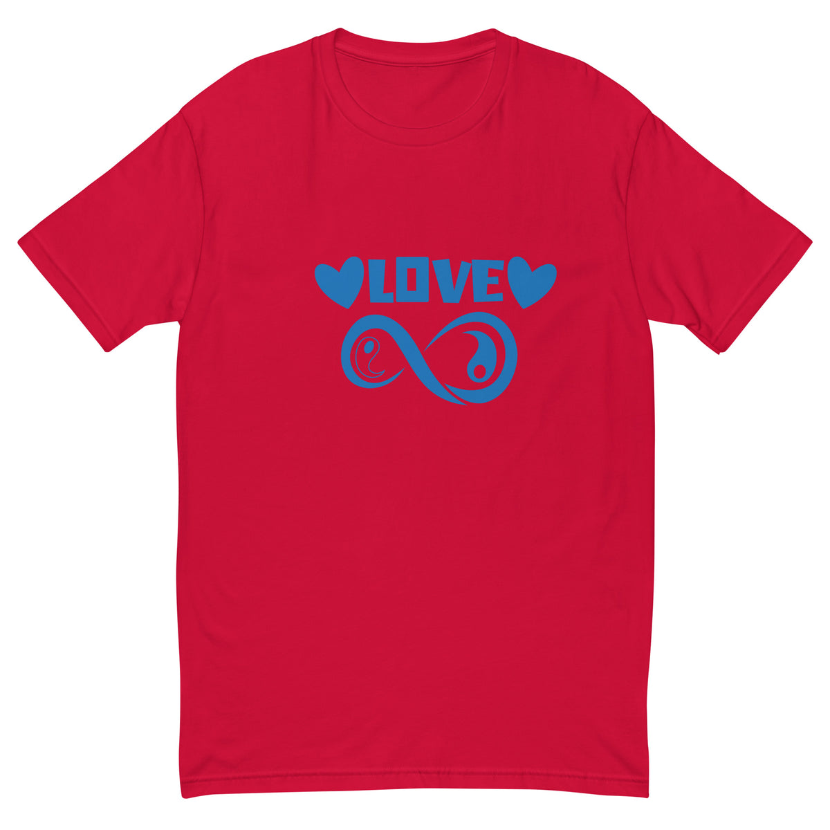 Infinite Love design on a red men's fitted t-shirt, front view