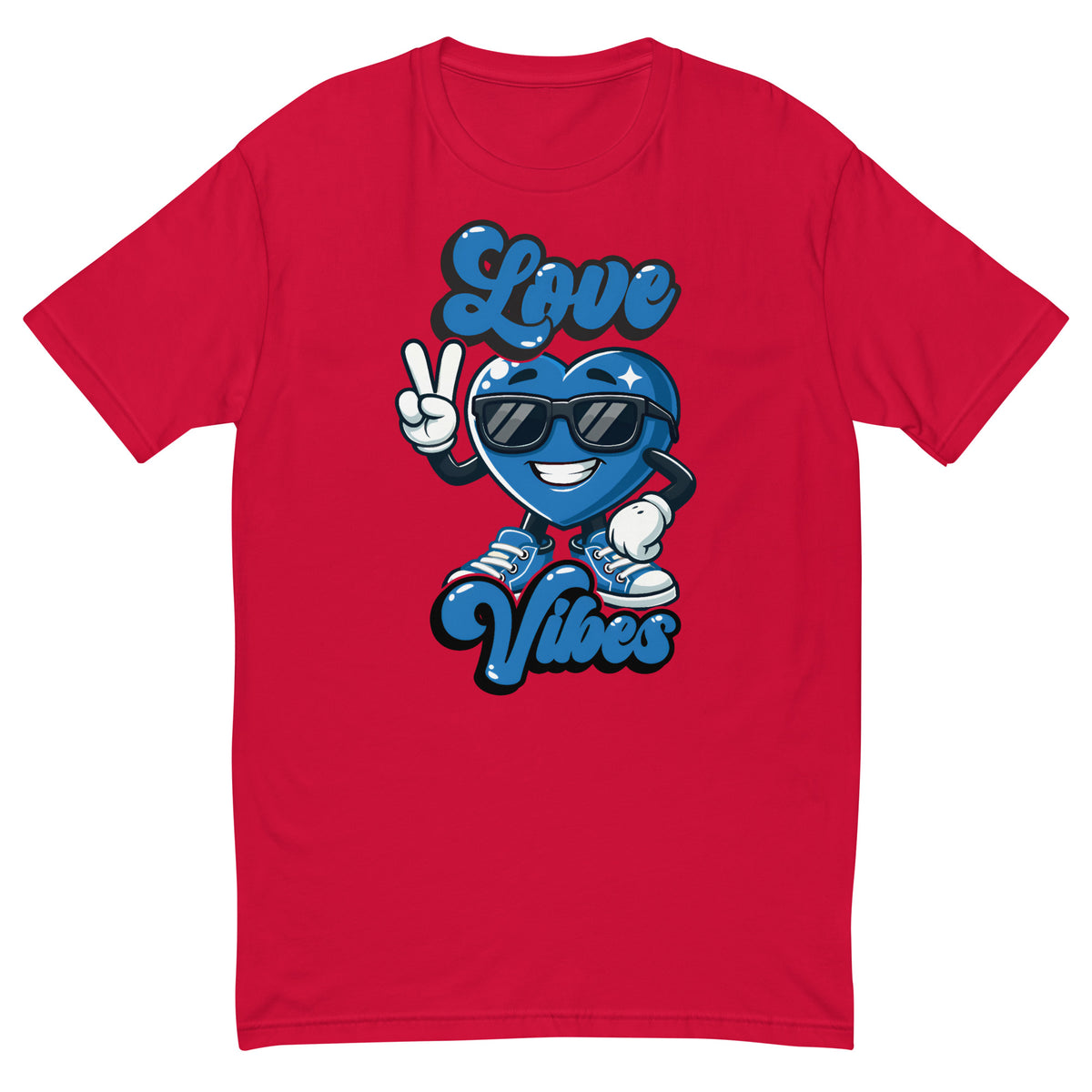 Love Vibes Crew design on a red men's fitted t-shirt, front view
