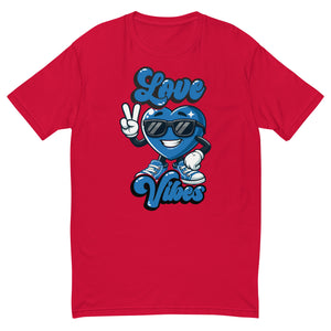 Love Vibes Crew design on a red men's fitted t-shirt, front view