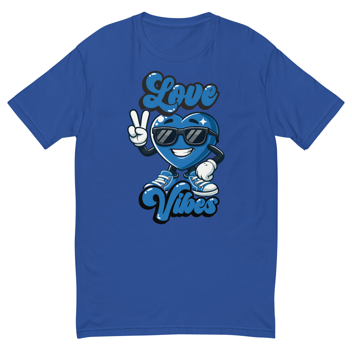 Love Vibes Crew design on a royal blue men's fitted t-shirt, front view