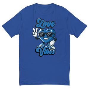 Love Vibes Crew design on a royal blue men's fitted t-shirt, front view