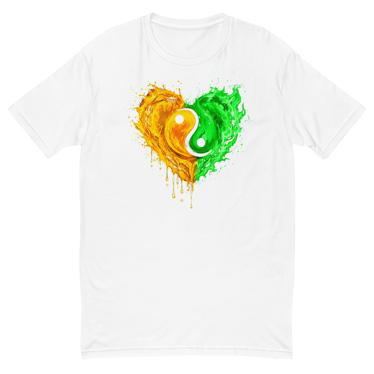 Yin Yang Heart design on a white men's fitted t-shirt, front view