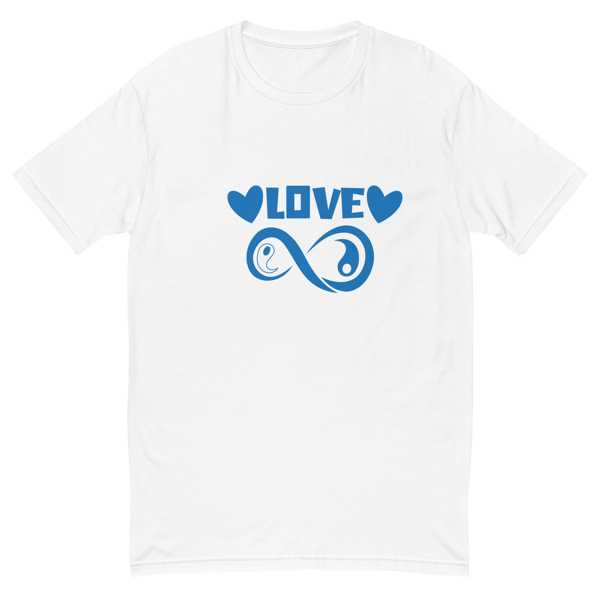 Infinite Love design on a white men's fitted t-shirt, front view