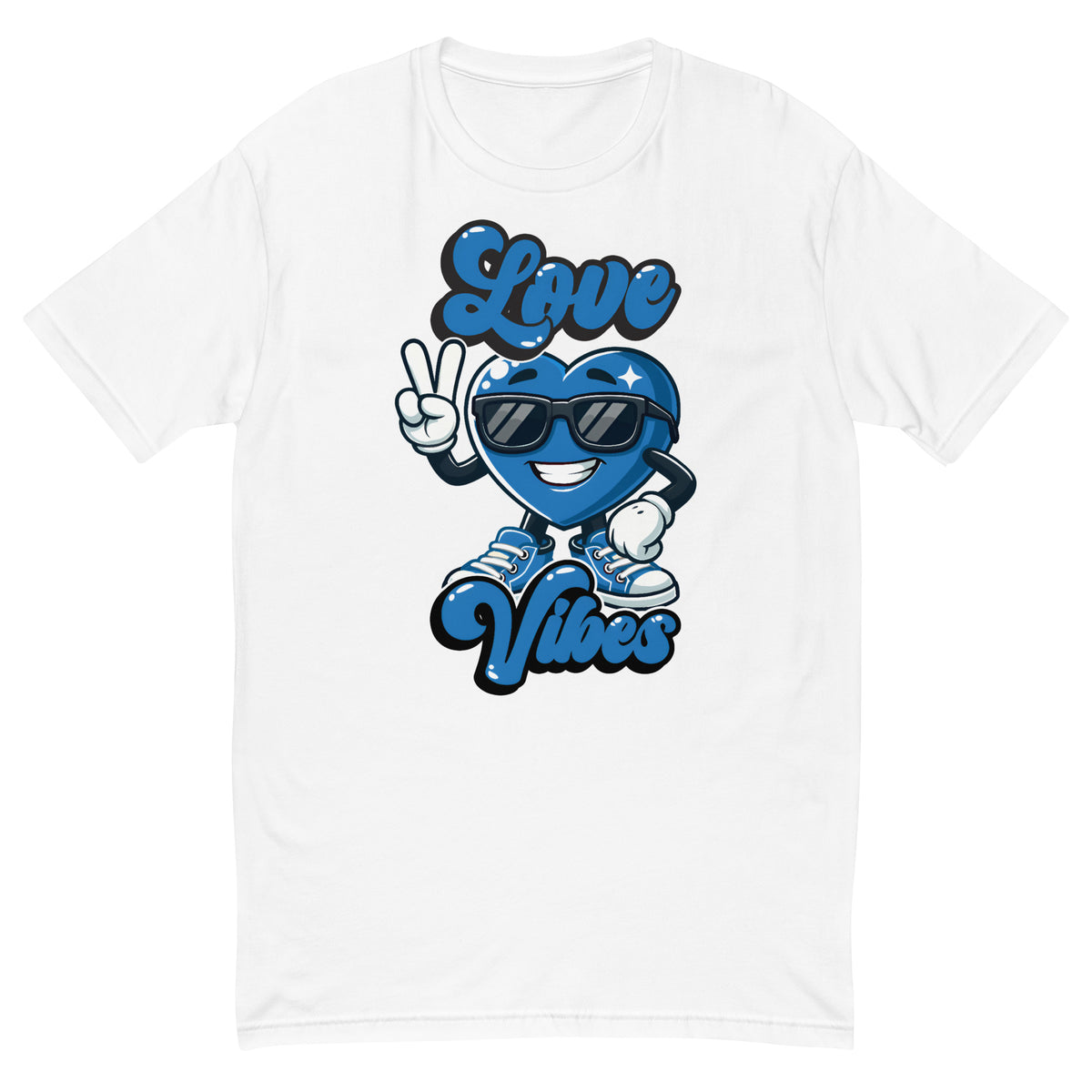 Love Vibes Crew design on a white men's fitted t-shirt, front view