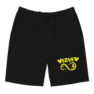Infinite Love design on a black men's fleece shorts, front view