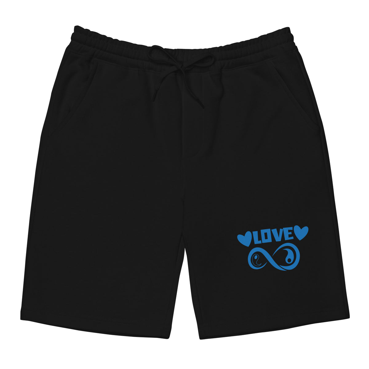 Infinite Love design on a black men's fleece shorts, front view