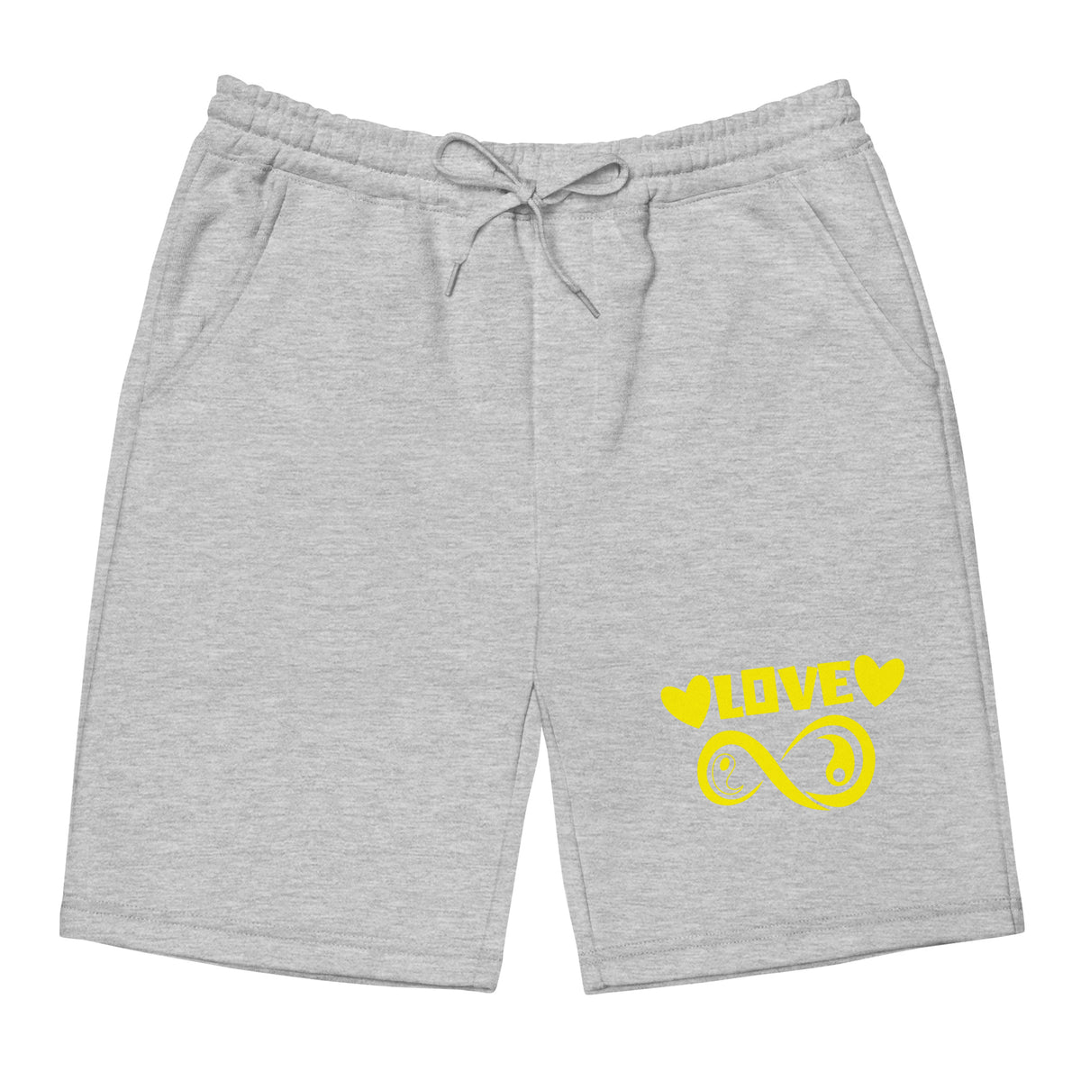 Infinite Love design on a heather grey men's fleece shorts, front view