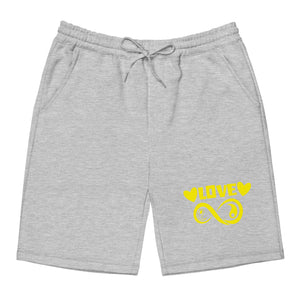 Infinite Love design on a heather grey men's fleece shorts, front view