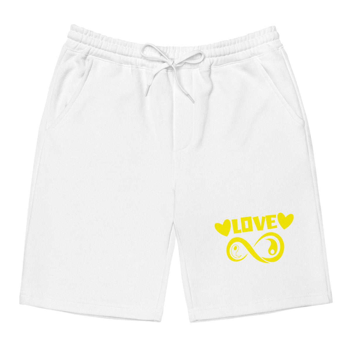 Infinite Love design on a white men's fleece shorts, front view