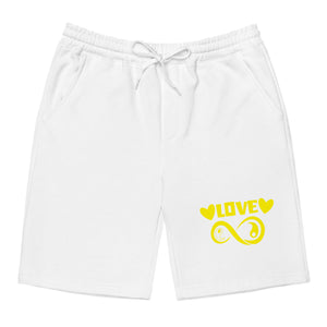 Infinite Love design on a white men's fleece shorts, front view
