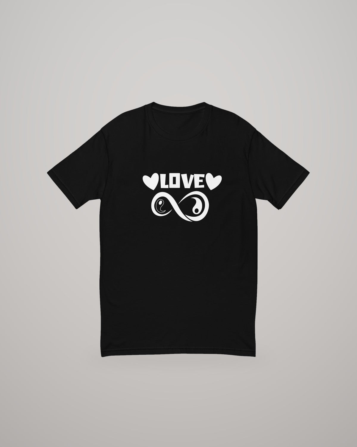 Infinite Love T-shirt, white print on black, front view