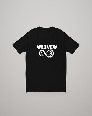 Infinite Love T-shirt, white print on black, front view