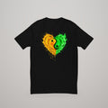 Yin Yang Heart T-shirt, orange and green print on black, front view