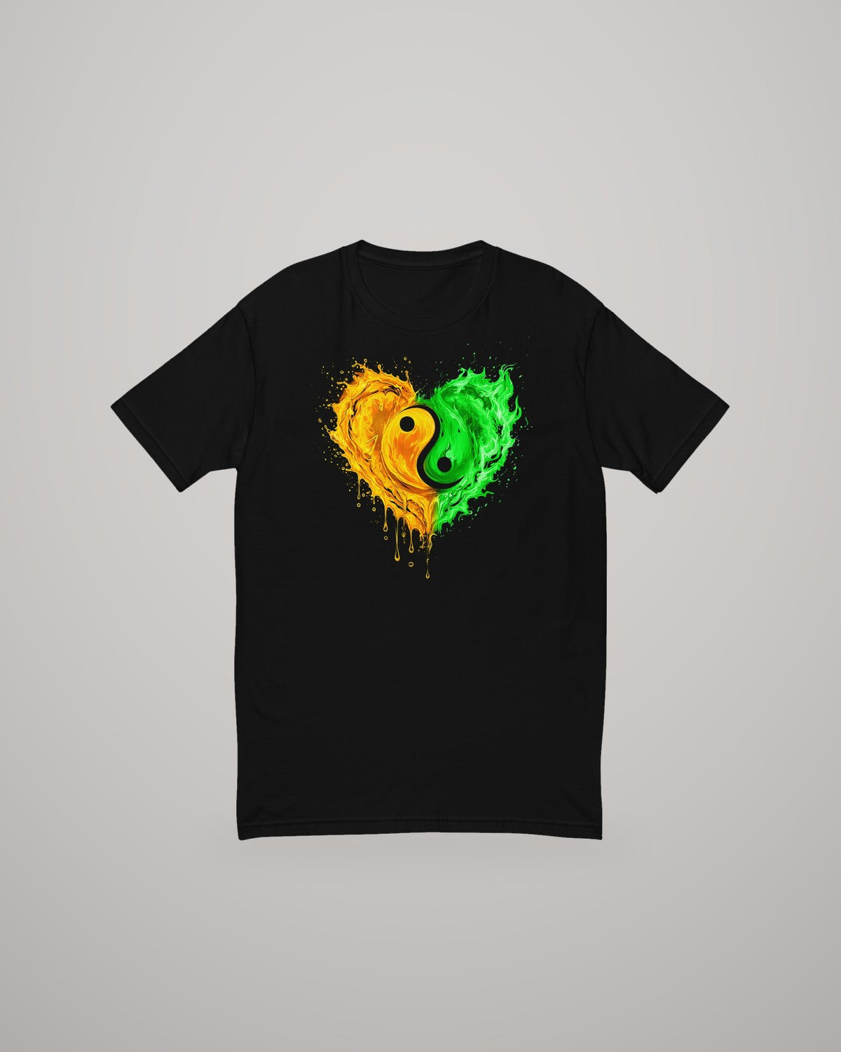 Yin Yang Heart T-shirt, orange and green print on black, front view