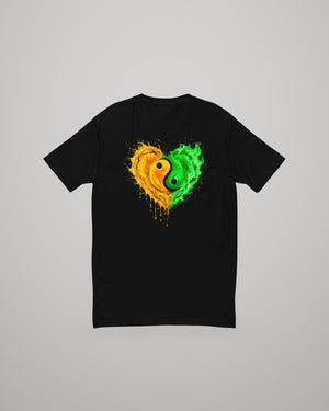 Yin Yang Heart T-shirt, orange and green print on black, front view