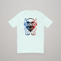 Heart DJ T-shirt, red and blue print on light blue, front view