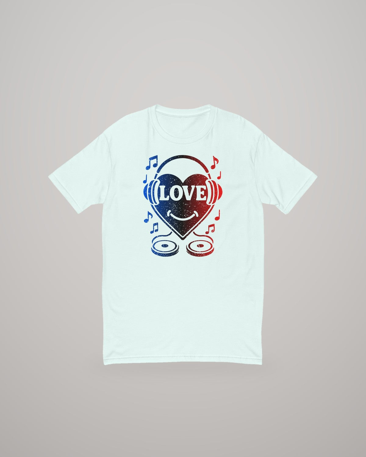 Heart DJ T-shirt, red and blue print on light blue, front view