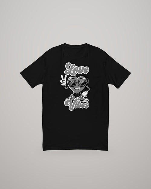 Love Vibes T-shirt, black and white print on black, front view