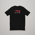 Love Peace Mountain T-shirt, red print on black, front view